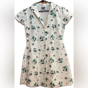 Reclaimed Vintage Linen Blend Button Down Shirt Dress Cream Floral Cap Sleeves